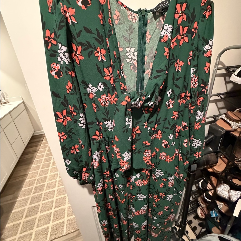 Eloquii Green Floral Tie-Front Jumpsuit - Picture 2 of 6